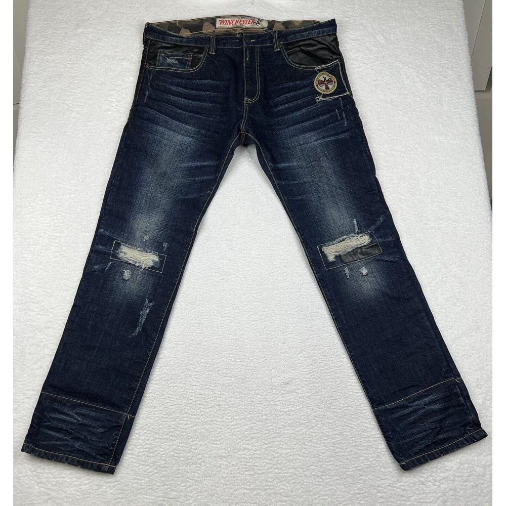 Winchester Jeans Mens 40x35 Dark Wash Denim‎ Whiskers Patched Distressed Cowboy